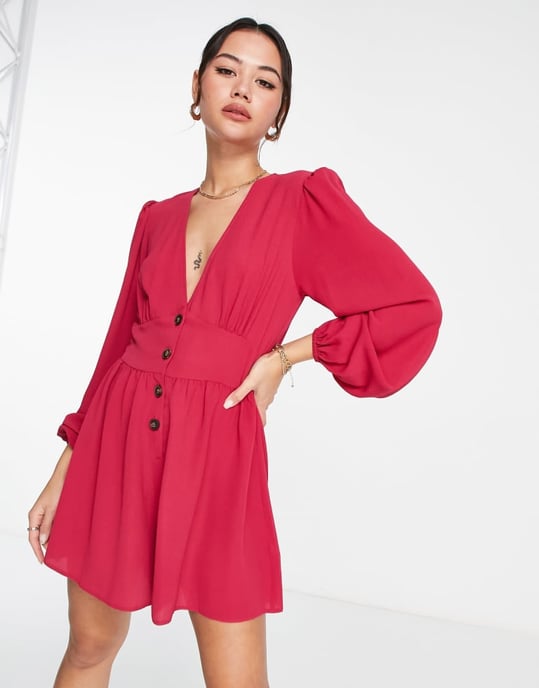 ASOS DESIGN crepe plunge neck playsuit with puff sleeve in dark pink - Image 3