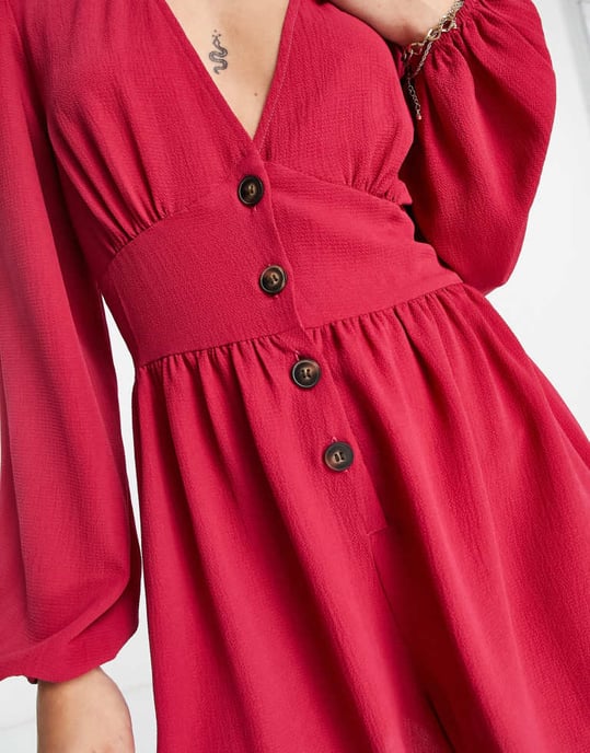 ASOS DESIGN crepe plunge neck playsuit with puff sleeve in dark pink - Image 4