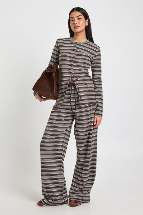 Stripe Rib Button Through Long Sleeve Top & Trouser Co Ord - Image 1