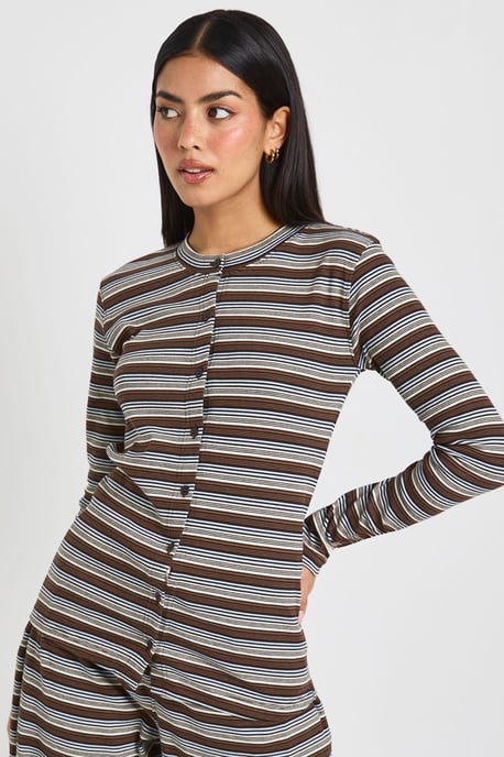 Stripe Rib Button Through Long Sleeve Top & Trouser Co Ord - Image 3