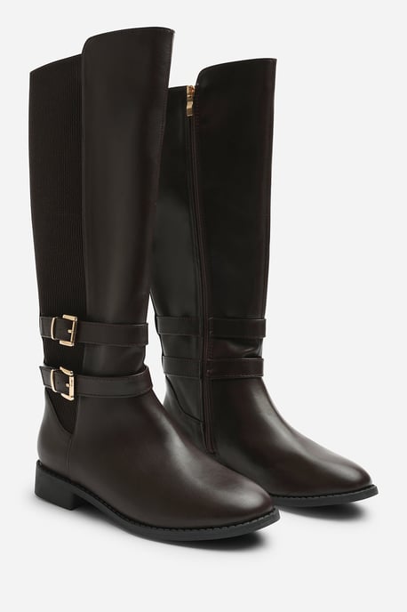 Where's That From Womens Elaris Double Buckle Detail Stretch Elastic Knee High Riding Boots - Image 4