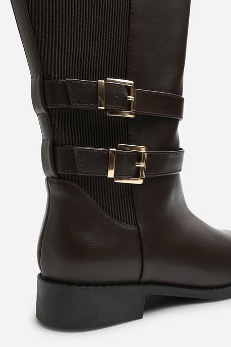 Where's That From Womens Elaris Double Buckle Detail Stretch Elastic Knee High Riding Boots - Image 5