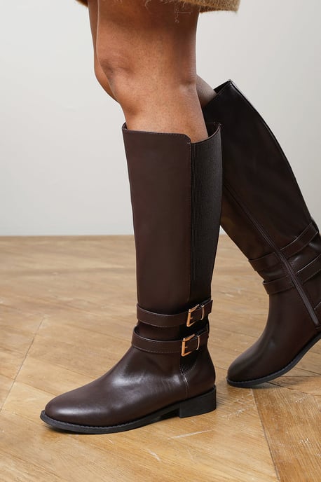 Where's That From Womens Elaris Double Buckle Detail Stretch Elastic Knee High Riding Boots - Image 6