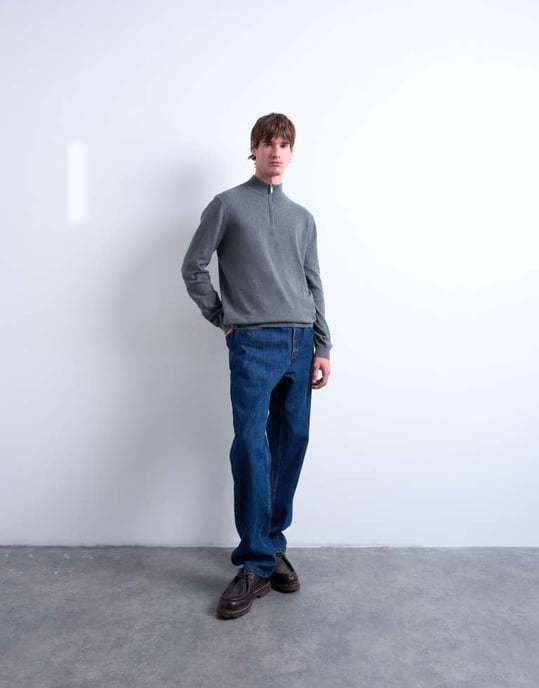Topman essentiell stickad 1/4 zip funnel i kolgrå - Image 3