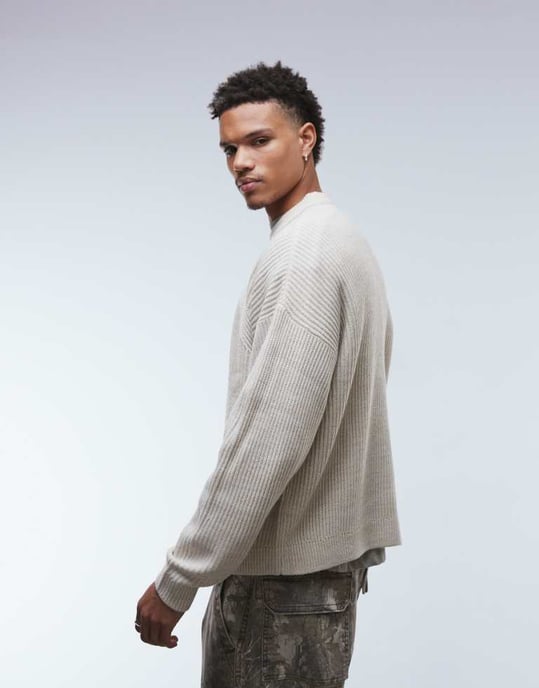 ASOS DESIGN överdimensionerad boxig stickad fiskar-ribbstickad tröja i stenmelerad färg - Image 3