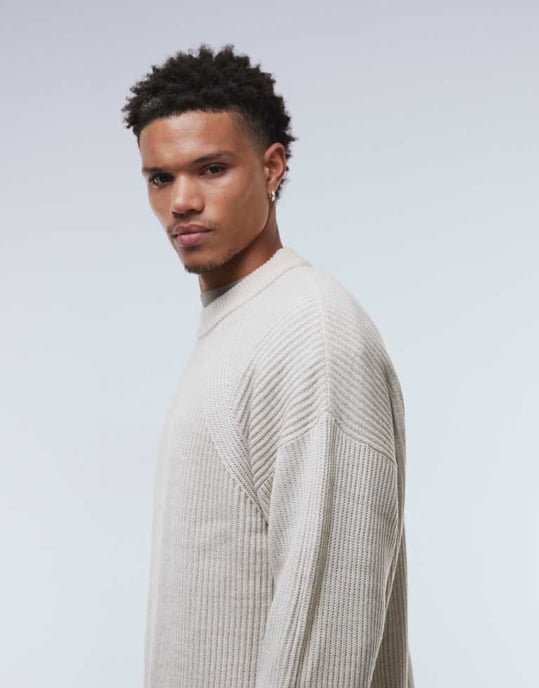 ASOS DESIGN överdimensionerad boxig stickad fiskar-ribbstickad tröja i stenmelerad färg - Image 4