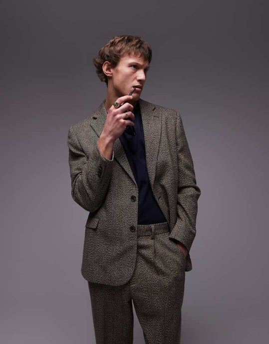 Topman relaxed textured suit blazer in brown - Image 1