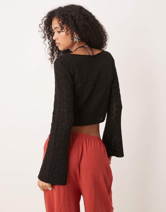 ASOS DESIGN stickad topp med utsvängda ärmar i sömdetalj i svart - Image 2