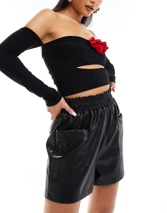 In The Style leather look stretch waist shorts in black - Image 1