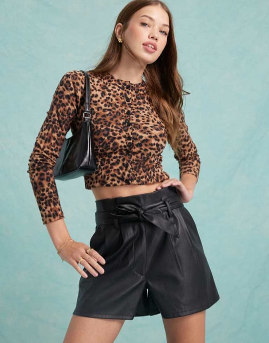 Miss Selfridge faux leather heart pocket shorts in black - Image 3