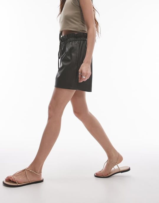 Topshop faux leather paperbag short in olive - Image 3