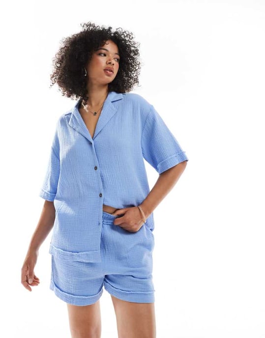 ASOS DESIGN cheesecloth-shorts med rå kantdetalj i blått - Image 2