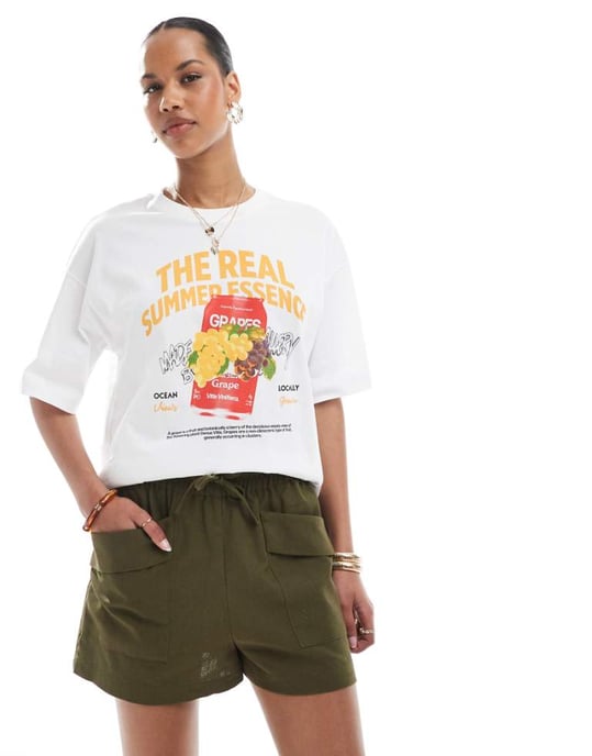 Slitage-linneduk blandad knyt-midja shorts i khaki - Image 1
