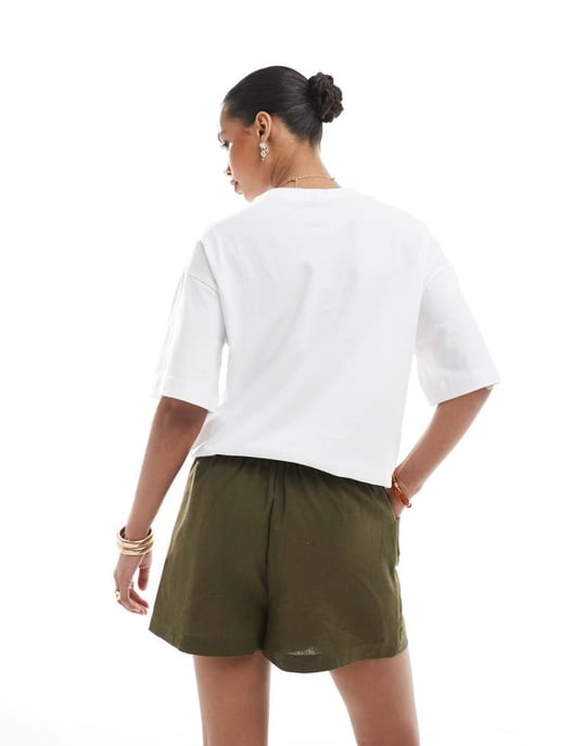 Slitage-linneduk blandad knyt-midja shorts i khaki - Image 4