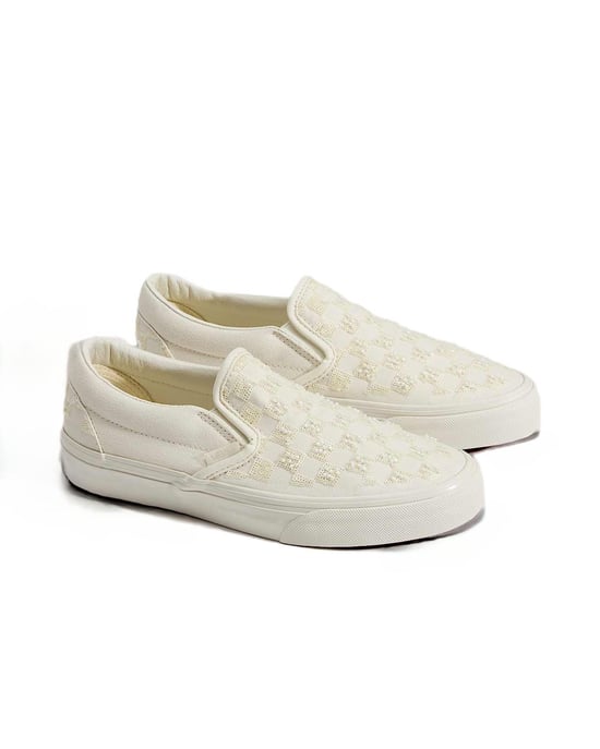 Vans Classic Slip-On Canvas White Beaded Checkerboard Trainers - Image 1