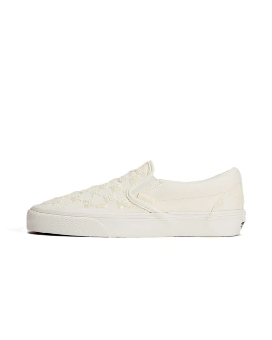 Vans Classic Slip-On Canvas White Beaded Checkerboard Trainers - Image 2