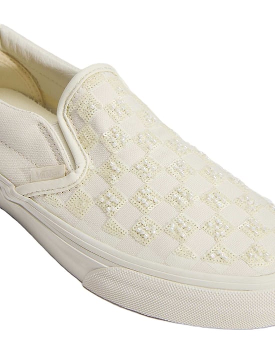Vans Classic Slip-On Canvas White Beaded Checkerboard Trainers - Image 5