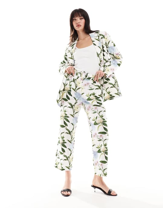 ASOS DESIGN tailored belted trouser with linen in floral print - Image 1