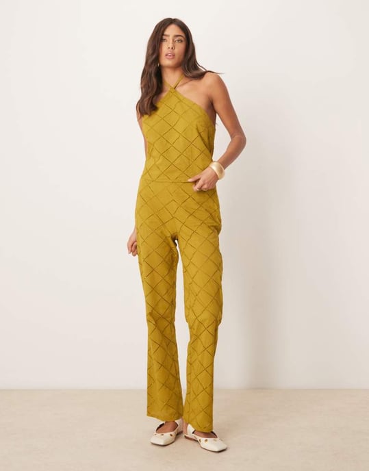 ASOS DESIGN raka byxor med matchande överdel och geometrisk utskärning i olivgrön - Image 1