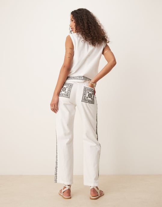 ASOS DESIGN raka byxor i monokrom broderi set - Image 3