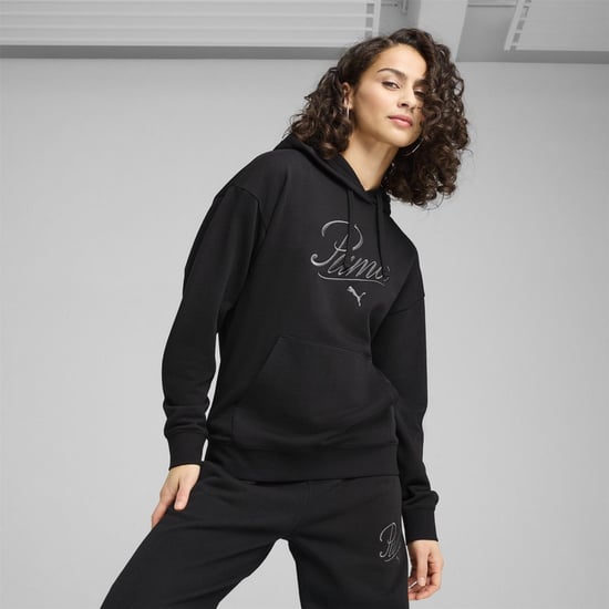 Women's Puma Script Comfort Tech Fleece Overhead Hoodie in Puma Black - Image 3