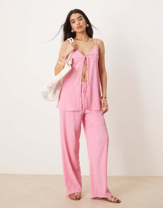 ASOS DESIGN långlinje knytfront cami set i klarröd rosa - Image 2