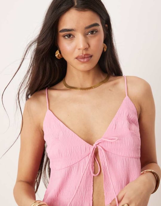 ASOS DESIGN långlinje knytfront cami set i klarröd rosa - Image 3