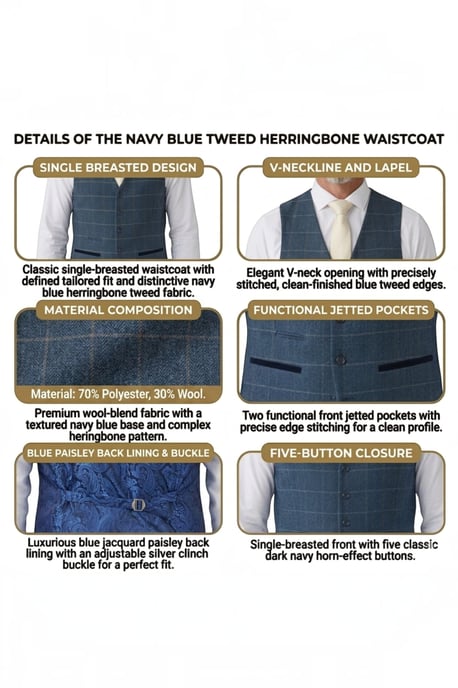 Marineblauwe tweed gilet voor heren met visgraatmotief - Harris - Image 5