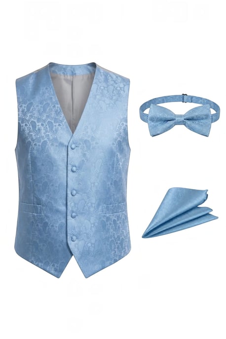 Heren driedelige set met vest, vlinderdas en zakdoek in lichtblauw paisleyprint - Robert - Image 2