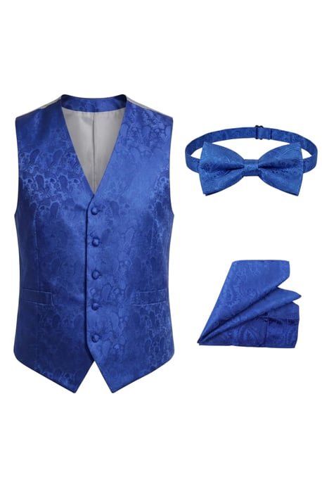 Herenset bestaande uit een blauw paisley bloemenpatroon, bestaande uit een driedelig vest, vlinderdas en zakdoek - Robert - Image 2