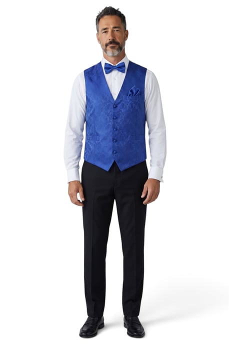 Herenset bestaande uit een blauw paisley bloemenpatroon, bestaande uit een driedelig vest, vlinderdas en zakdoek - Robert - Image 4
