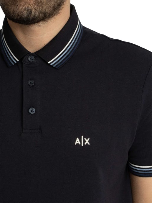 Armani Exchange Slim Fit Stripe Collar Polo Shirt, Blue - Image 4