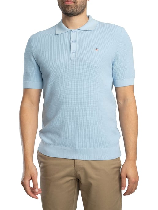 GANT Micro Textured Cotton Polo Shirt, Blue - Image 2