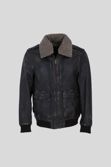 'Pilot' Genuine Leather Bomber Jacket with Removable Fur Collar - Image 1