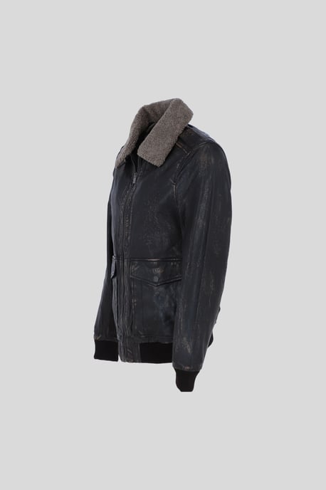 'Pilot' Genuine Leather Bomber Jacket with Removable Fur Collar - Image 2