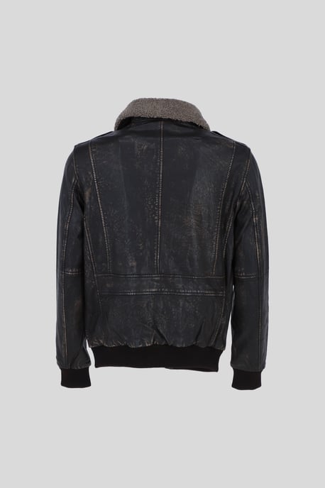 'Pilot' Genuine Leather Bomber Jacket with Removable Fur Collar - Image 3