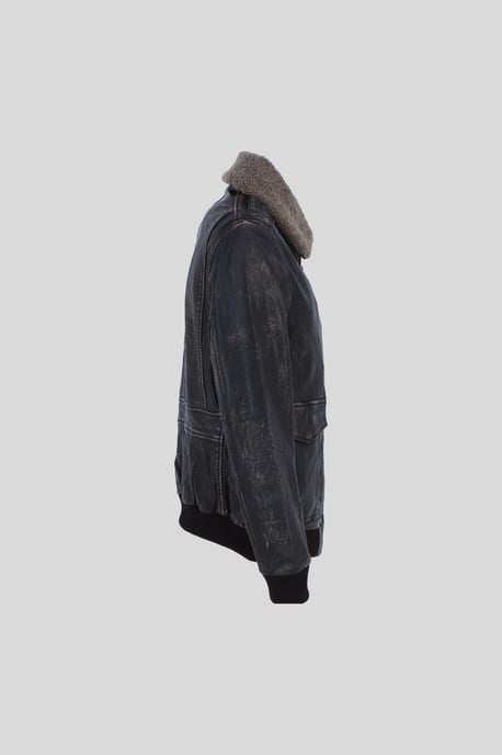 'Pilot' Genuine Leather Bomber Jacket with Removable Fur Collar - Image 4