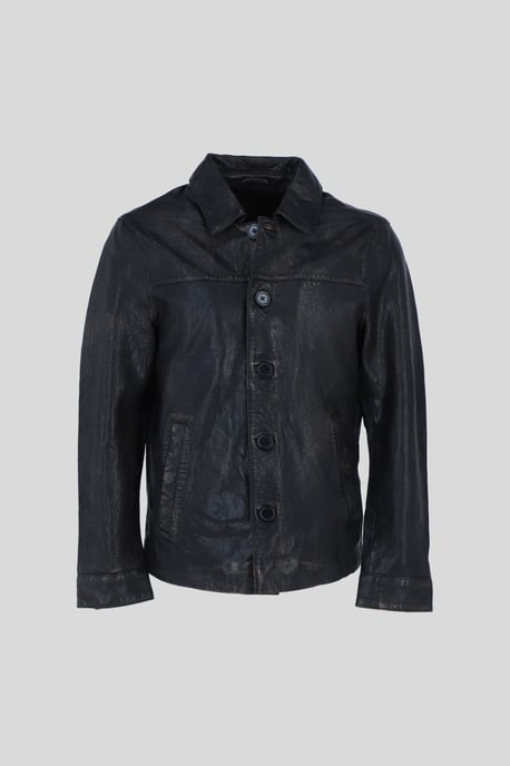 'Class' Real Leather Regular Fit Coat with Button Closure - Image 1