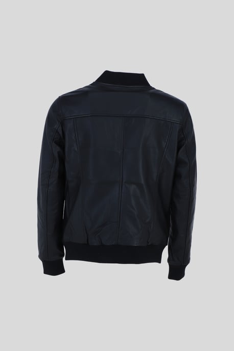 Genuine Leather Bomber Jacket with Ribbed Trim - Image 3