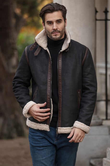 'Snew' Real Leather Loose Fit Jacket With Faux Fur Lining & Collar - Image 1