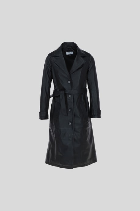 Elegant Longline Genuine Leather Trench Coat with Waist Tie - Image 1