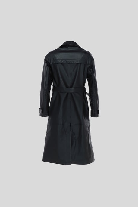 Elegant Longline Genuine Leather Trench Coat with Waist Tie - Image 3