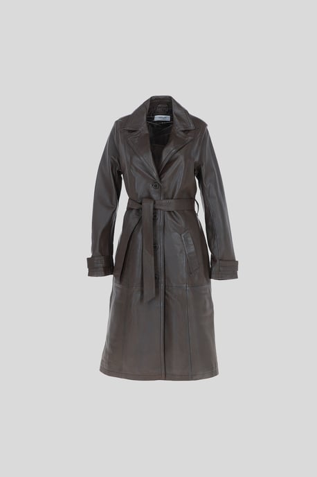 Elegant Longline Genuine Leather Trench Coat with Waist Tie - Image 1