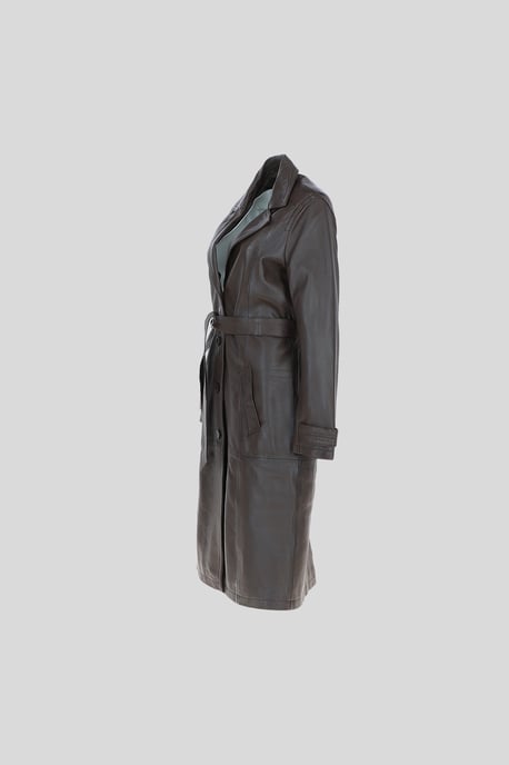Elegant Longline Genuine Leather Trench Coat with Waist Tie - Image 2