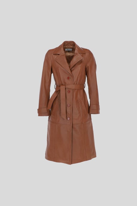 Elegant Longline Genuine Leather Trench Coat with Waist Tie - Image 1