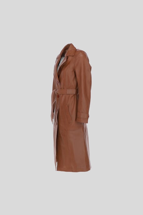 Elegant Longline Genuine Leather Trench Coat with Waist Tie - Image 2