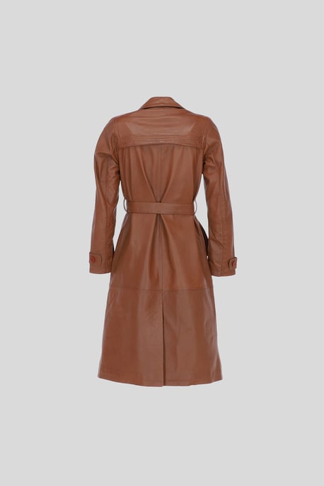 Elegant Longline Genuine Leather Trench Coat with Waist Tie - Image 3