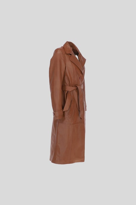 Elegant Longline Genuine Leather Trench Coat with Waist Tie - Image 4