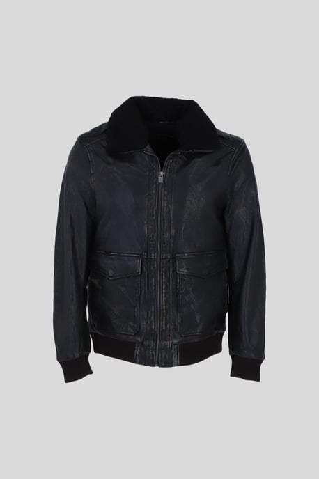 'Pilot' Genuine Leather Bomber Jacket with Removable Fur Collar - Image 1
