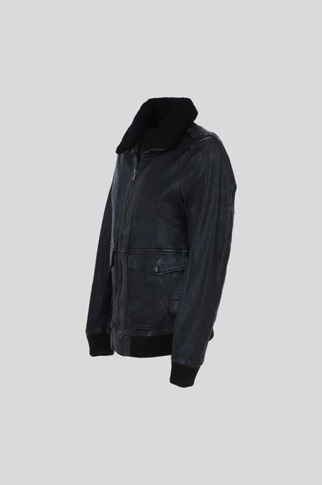 'Pilot' Genuine Leather Bomber Jacket with Removable Fur Collar - Image 2
